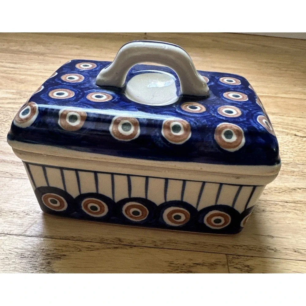W. Sonoma Lidded Butter Dish Polish Pottery Vintage Peacock Eye Retired Blue